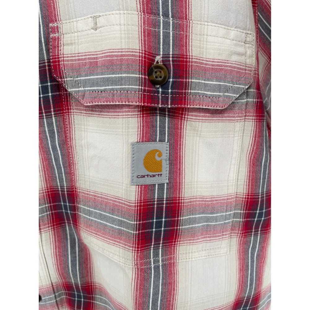 Carhartt Plaid Button Down Mens Large Red Cream Loose Fit Short Sleeve Shirt - Picture 3 of 7